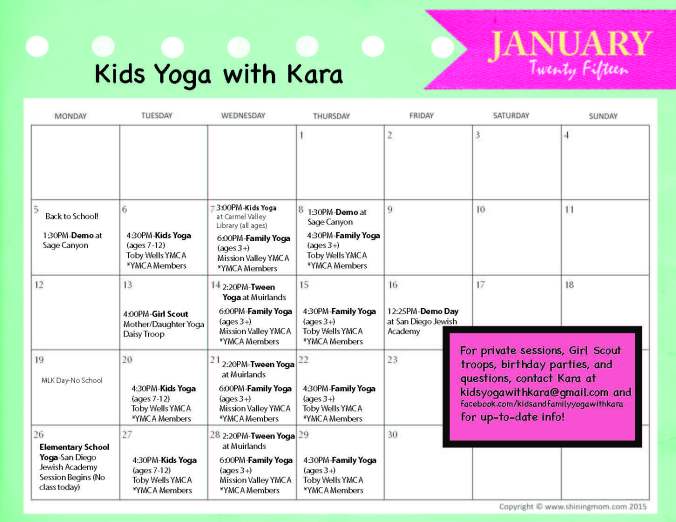 January 2015 Kids  Yoga Calendar